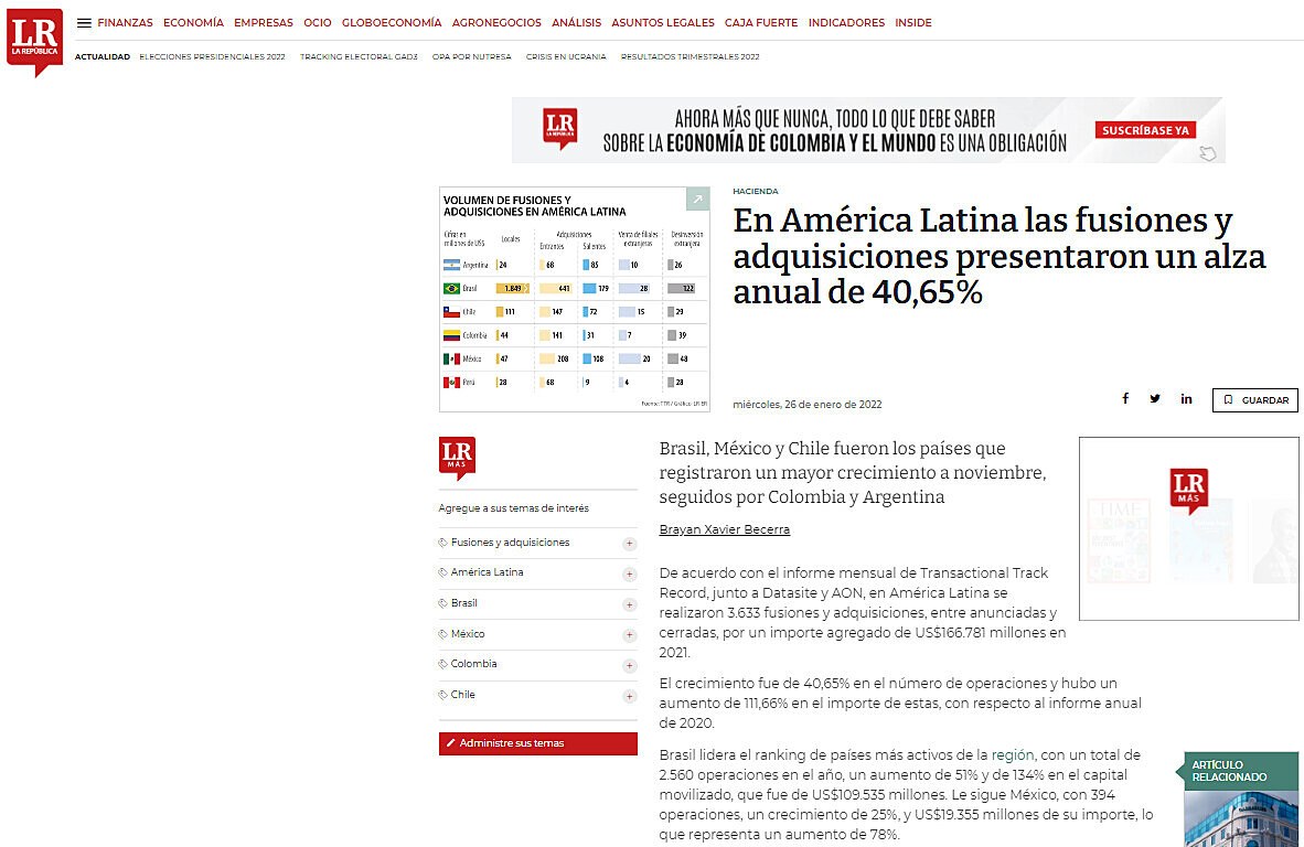 En Amrica Latina las fusiones y adquisiciones presentaron un alza anual de 40,65%